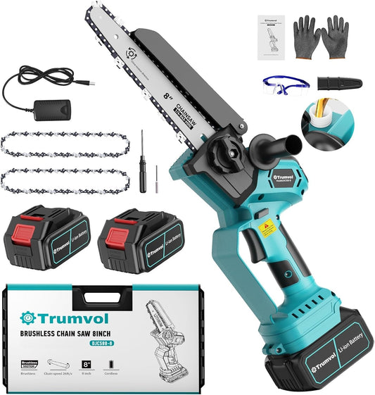 Mini Chainsaw Cordless, 8 inch & 6 inch Electric Chain Saw with 2 Pack Rechargeable Batteries, Battery Powered Handheld Saw for Trees Trimming Wood Cutting, Perfect Gardening Tools for Men Dad Husband