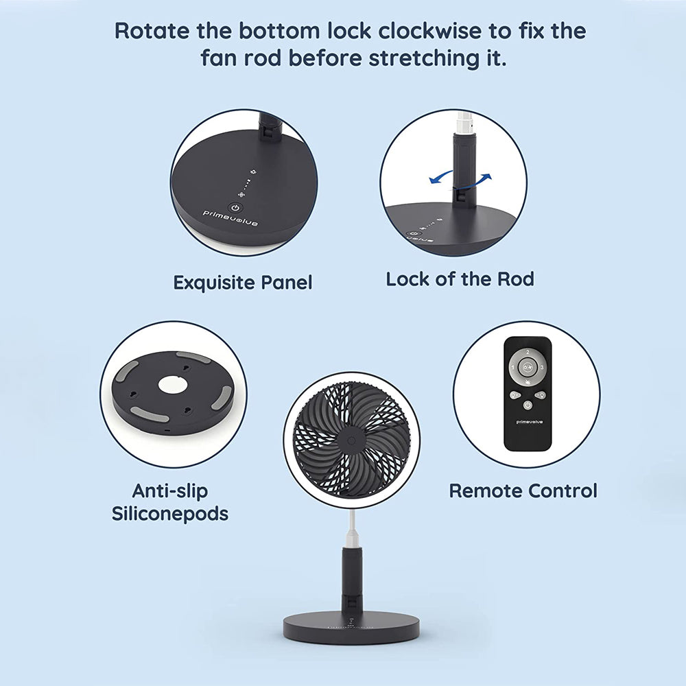 Primevolve PF100 8.5inch Portable Battery Operated Fan,48cps LED 4 Speed Settings Pedestal Fan