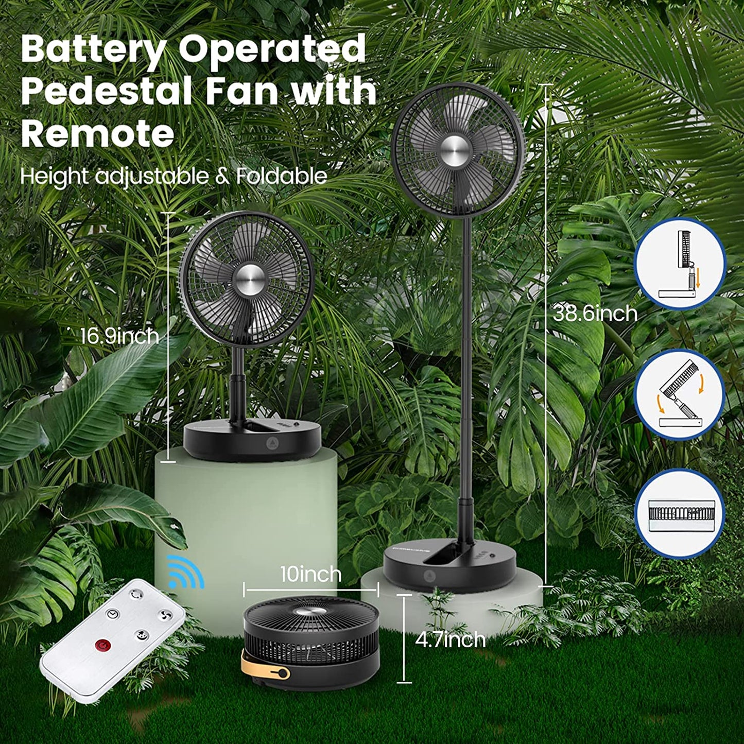 Primevolve P3000 12 inch Portable Battery Operated Fan, Standing Oscillating Fan with Remote