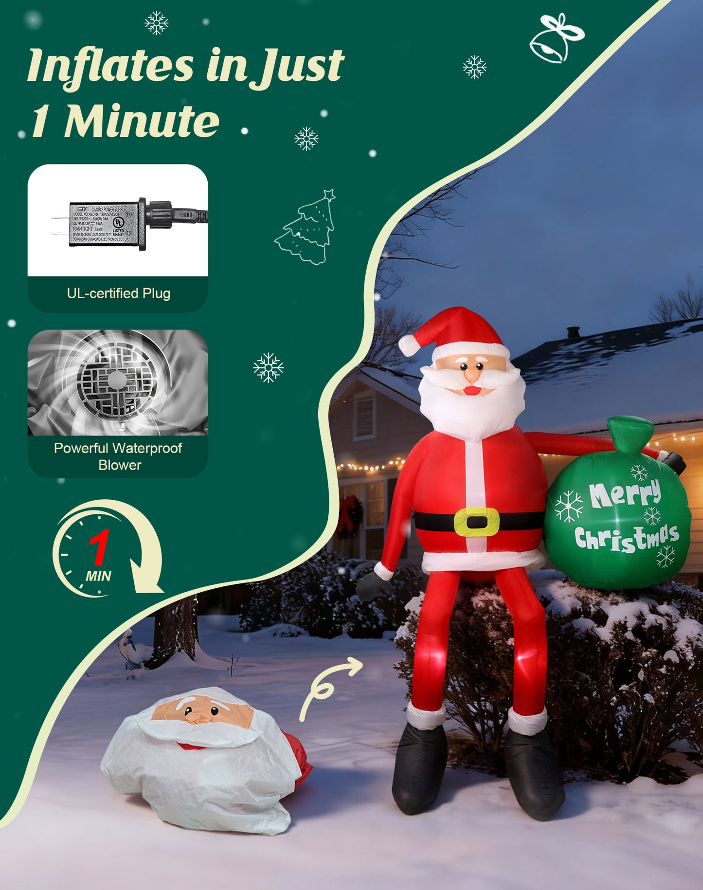 8 FT Christmas Inflatables Outdoor Decorations, Santa Claus with Gift Bag, LED Lighted Blow Up IP68 Weatherproof Sitting Santa Xmas Indoor Outdoor Decor for Yard Garden Lawn Mall Party Holiday