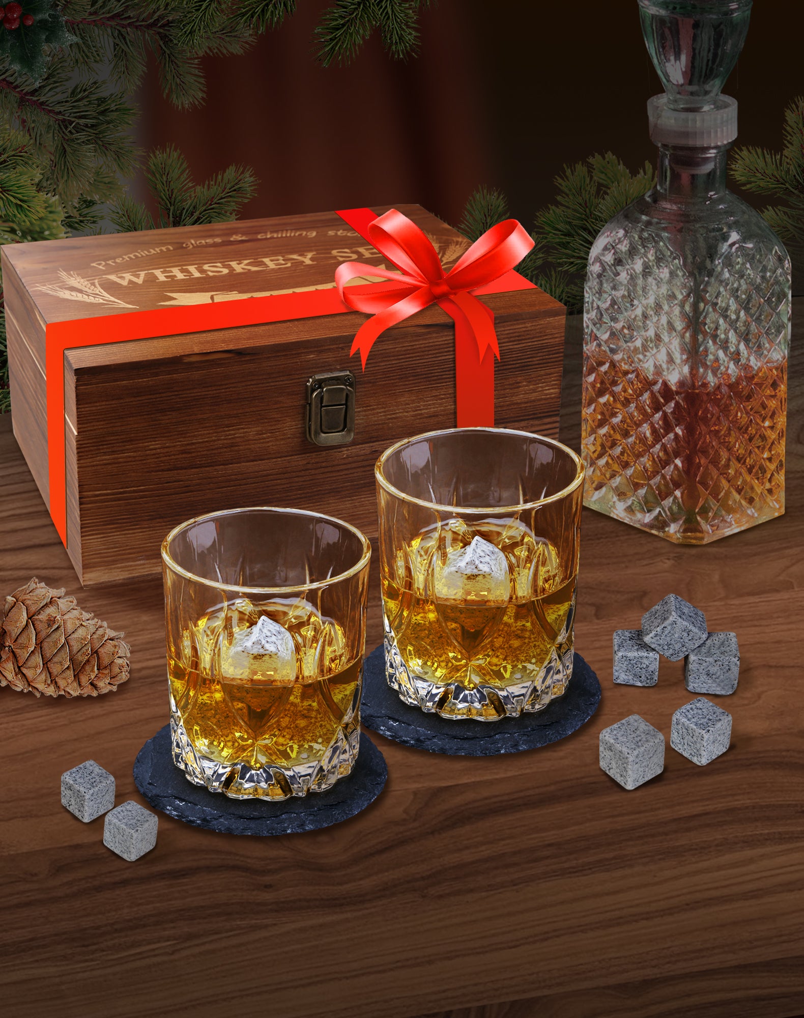 Primevolve 10oz Whiskey Glasses Set of 2 with Unique Wooden Box 8 Chil